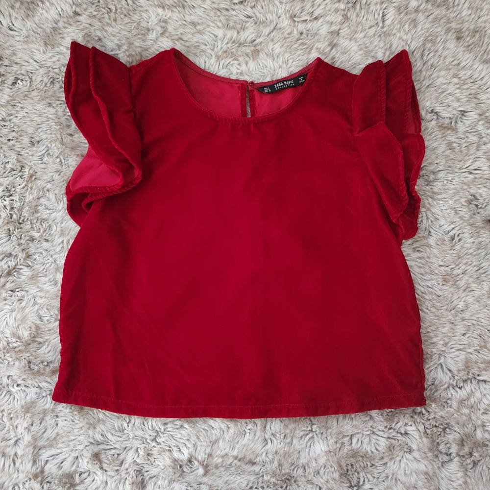Zara Basic Collection Red Velvet Flutter Sleeve T… - image 1